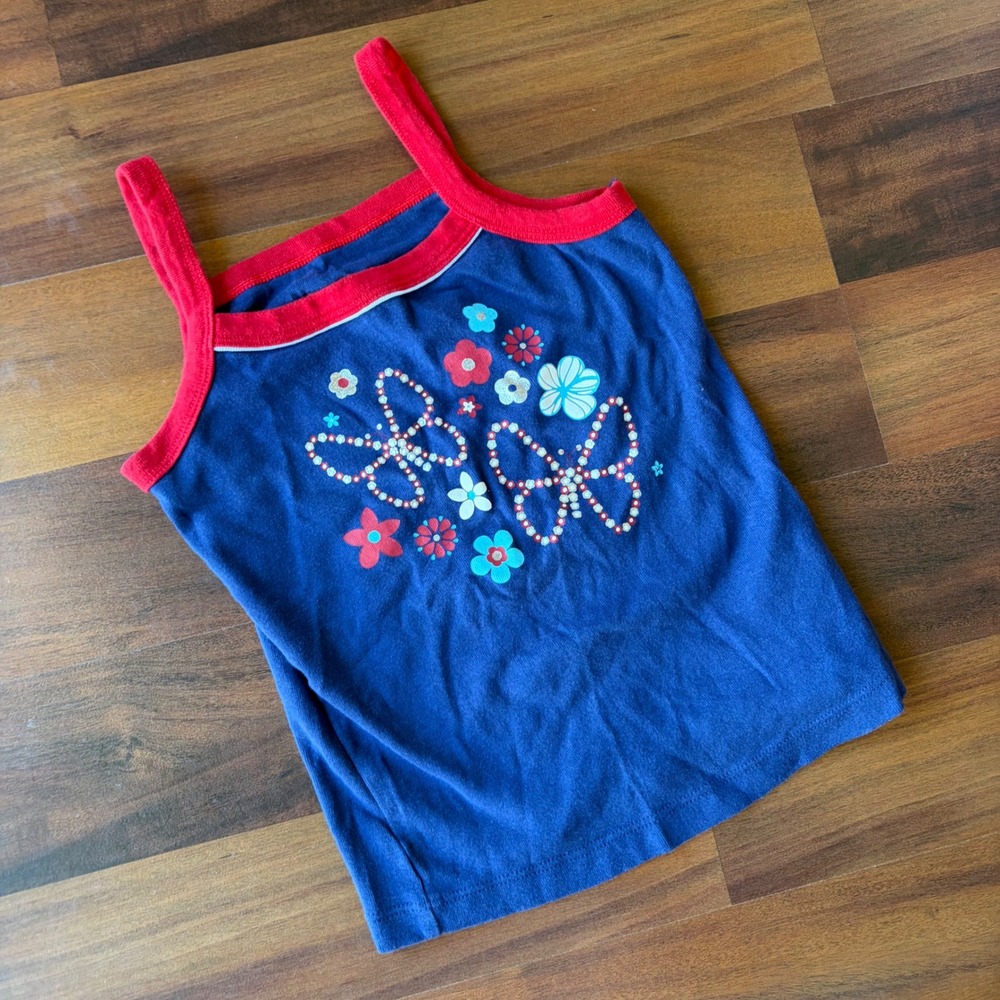 90s Y2K Summer Girls Blue Red Butterfly Floral Cotton Cami Tank Top Size 10/12